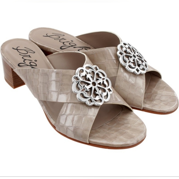 Brighton Shoes - NWT Brighton "Alison" Sandals Croc Embossed Tan Block Heel Slip-on, Size 8 & 8.5